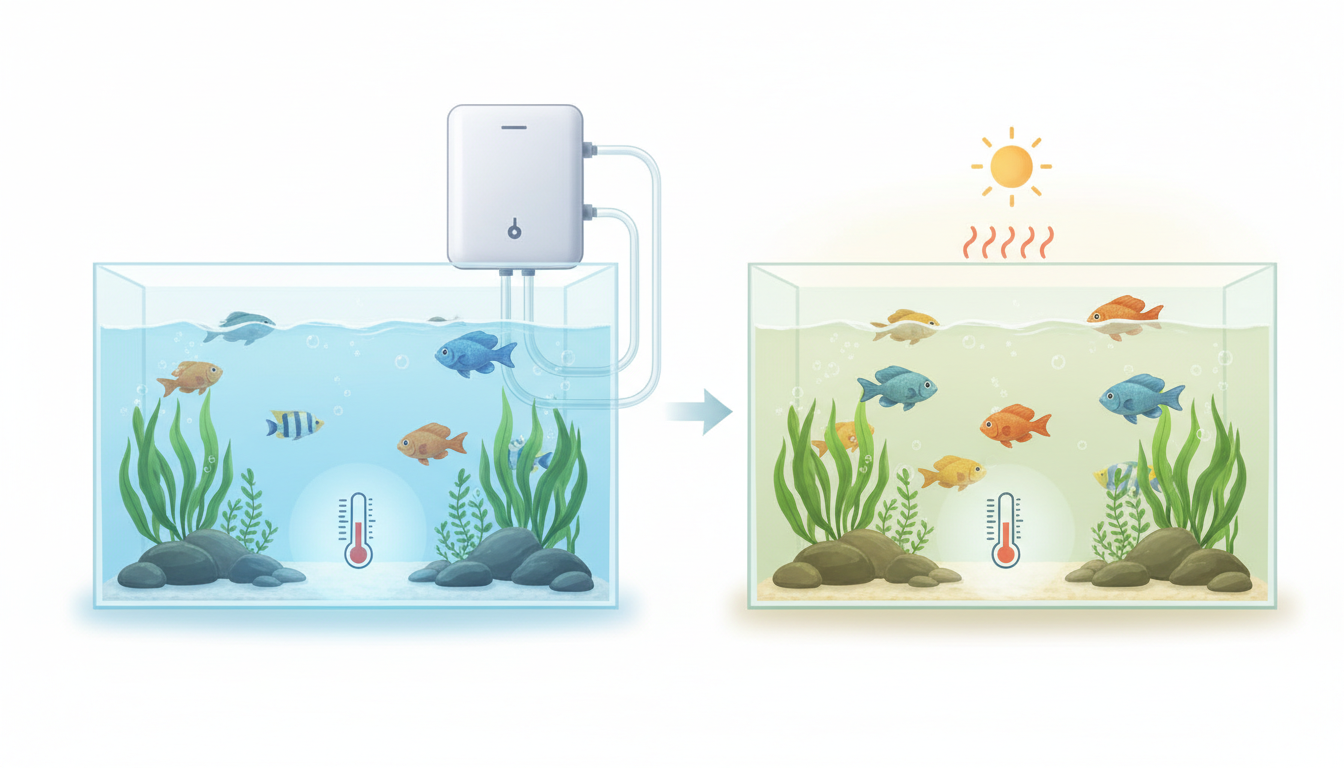 クーラー設置後の水温管理と、魚たちへの嬉しい変化のイメージ