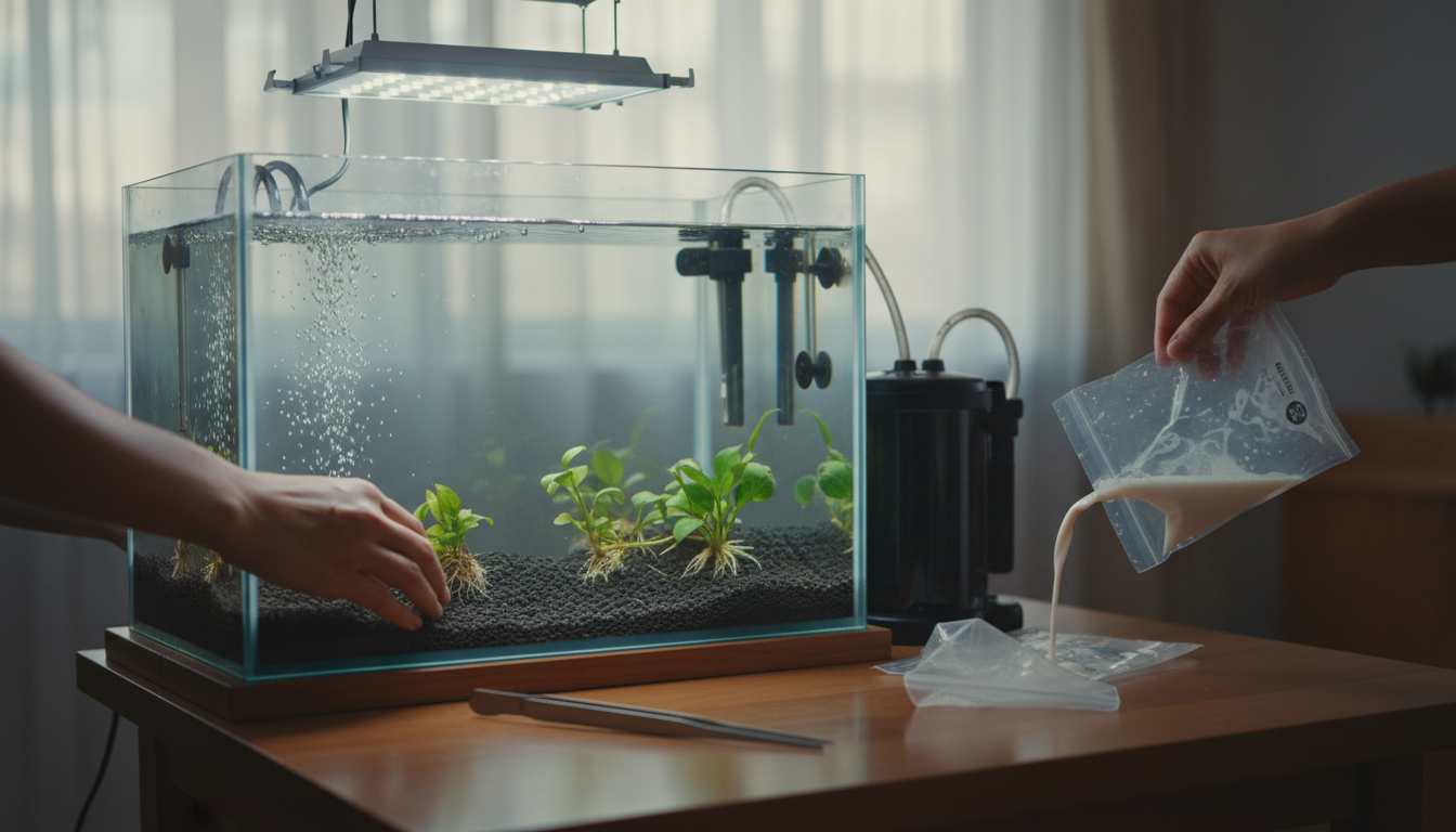これが正解！魚に優しい「水槽立ち上げ初日」の具体的なステップのイメージ