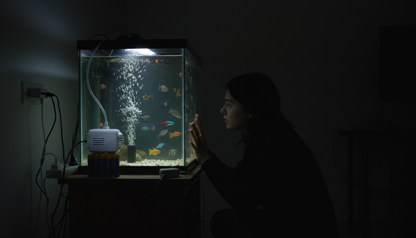 まさかの停電！乾電池ポンプが熱帯魚の命綱になる瞬間のイメージ