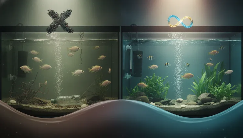 寿命を縮めるNG行動と、熱帯魚の寿命期待値を超える飼育術のイメージ