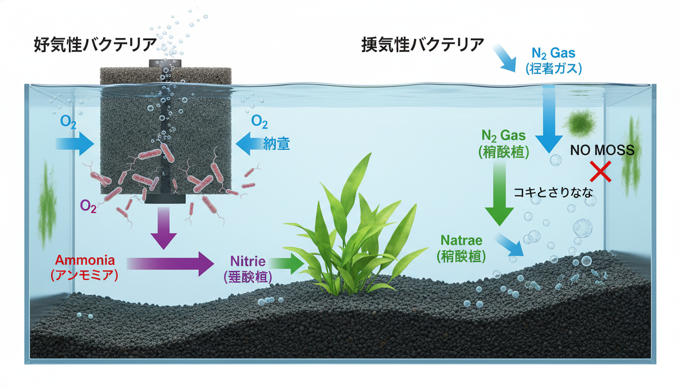 【コケとさよなら】「ろ過バクテリア 嫌気性 好気性」の真実。硝酸塩を制する者がアクアリウムを制す！